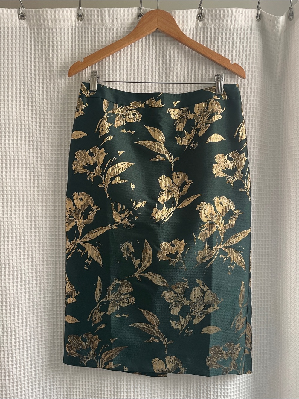 Talbots Dark Green Pencil Skirt with Gold Floral Jacquard